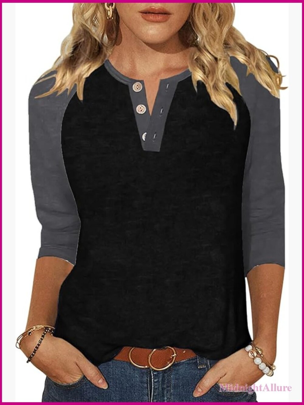 3/4 Sleeve V Neck Button Tunic Tops Color Block Loose Fit Tee Shirts